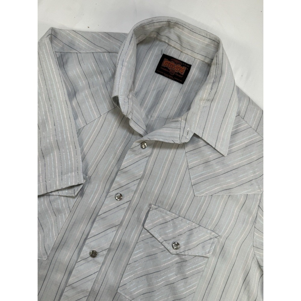 Vtg Stir-Ups Large Short Sleeve Pearl Snap Light Blue Western Shirt USA